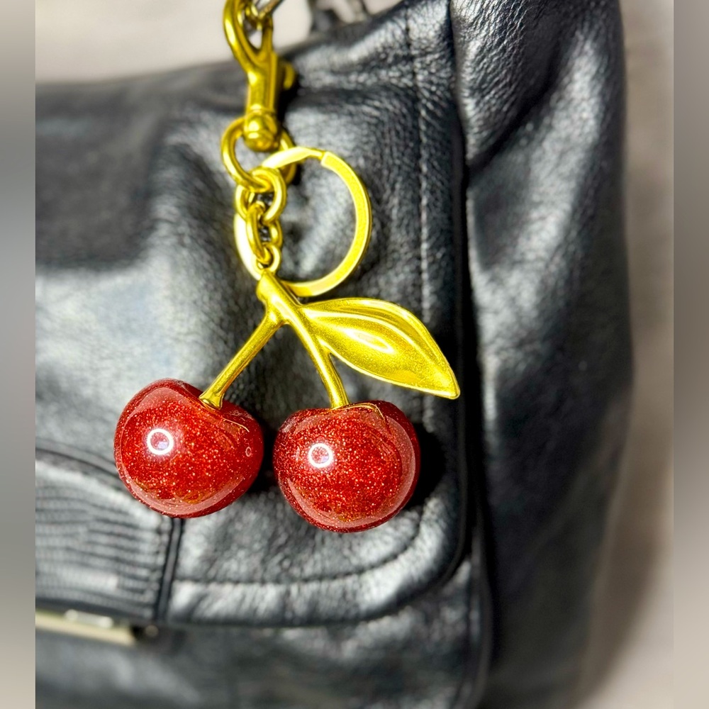 Cherry Bag Charm - Red Glitter and Gold Toned w/ Dog Leash Clip & Keychain - 5”